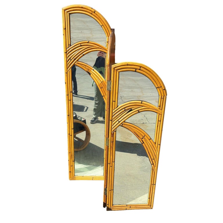 Restored 3-Panel Art Deco Palm Frond Design Rattan Mirror Folding Screen