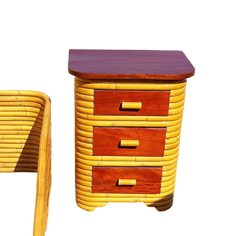 Restored Frankl Style Full Stacked Rattan Bed Frame w/ Night Stands Bedroom Set