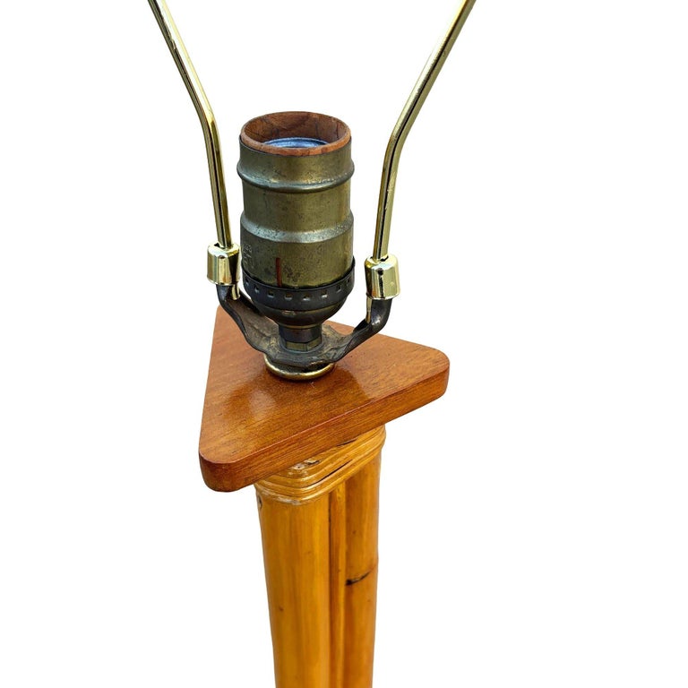 Restored Mid-century Three-Pole Rattan Floor Lamp w/ Mahogany Base