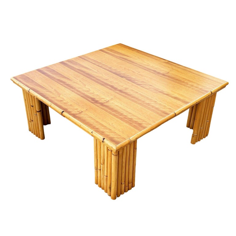 Restored Rattan & Koa Wood Square Coffee Table w/ Stacked Rattan Legs