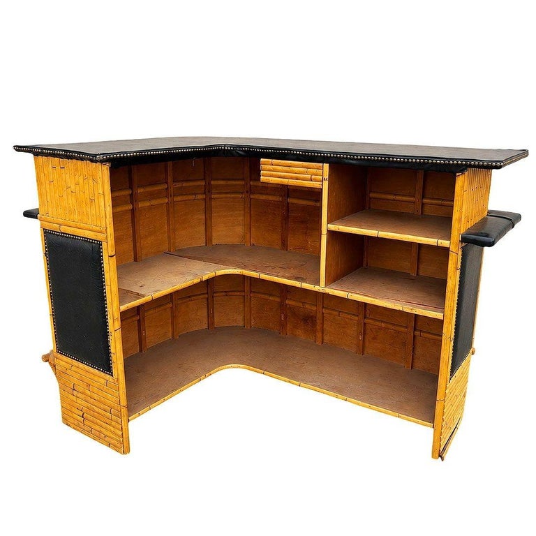 Restored Stacked Front Stacked L Shaped Rattan Bar w/ Nailhead Naugahyde Top