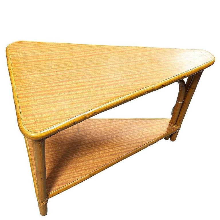 Restored MCM Rattan & Formica Skinny Arch 3-Strand Wedge Side Table w/ 2-Tiers