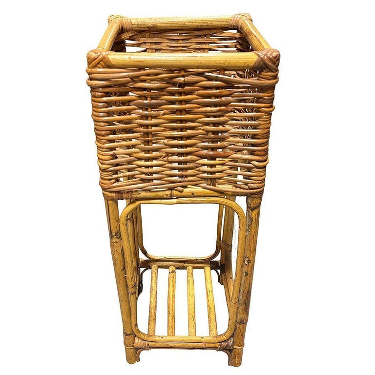 Mid Century Cubed Woven Rattan Pedestal Plant Stand