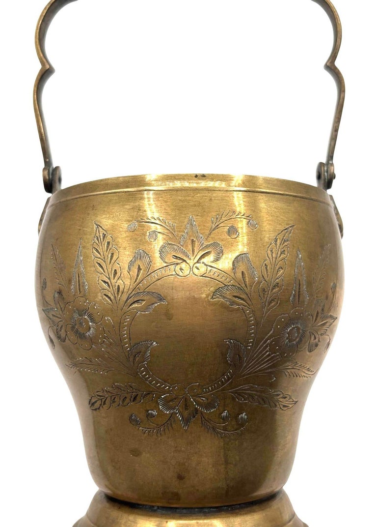 Late Victorian Hand Etched Floral Brass Ice Bucket w/ Whimsical Handle