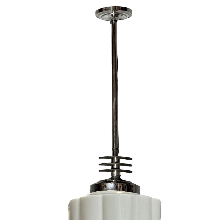 Art Deco Chrome Streamline Pendant Light w/ Stepped Milk Glass Skyscraper Shade