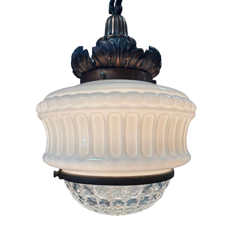 Art Deco Copper Acanthus Leaf Pendant Light w/ Crystal & Milk Glass Acorn Shade