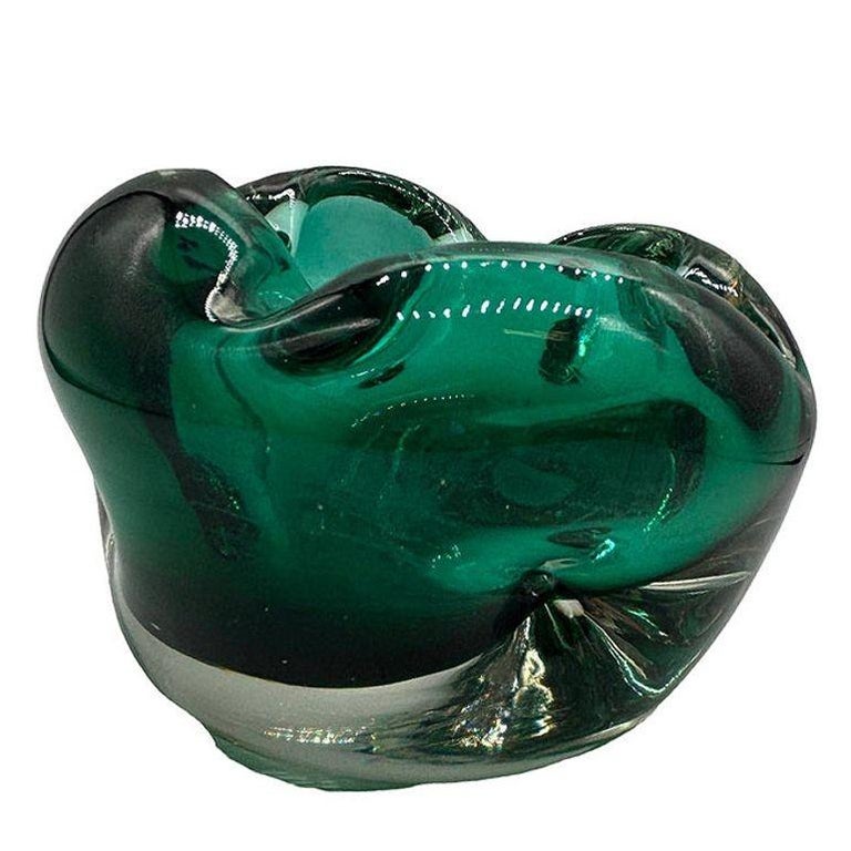 Hand Blown Emerald Green Murano Weighted Cased Art Glass Ashtray
