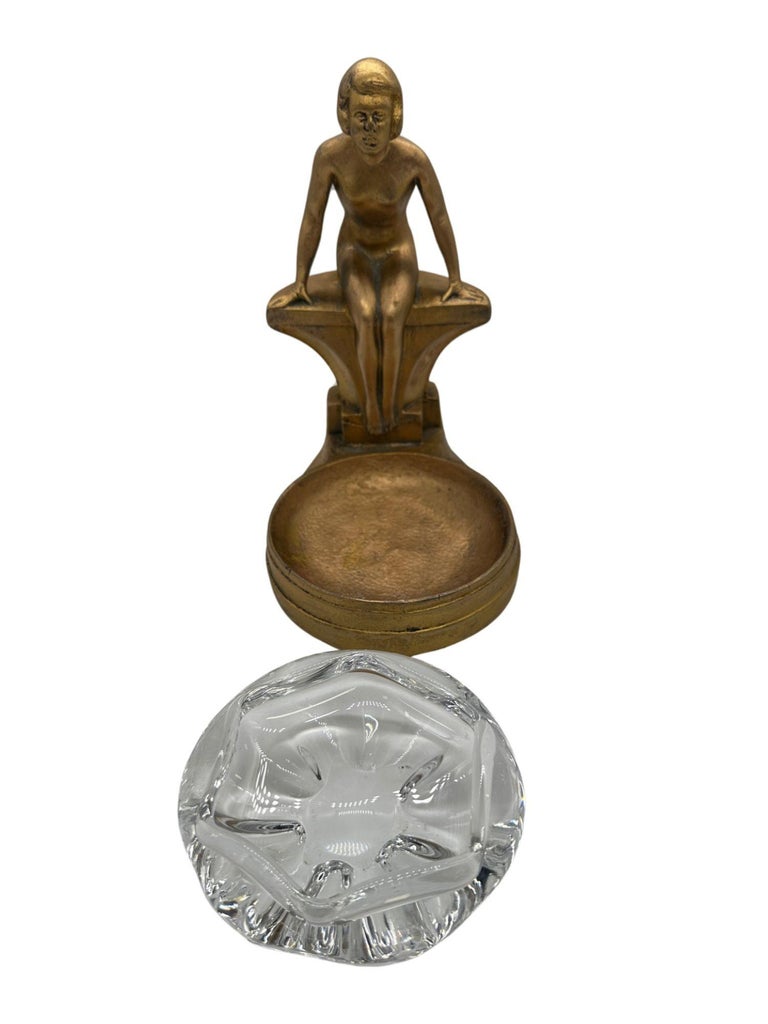 Art Deco Nude Woman Seated at Pool Bronze & Crystal Sculpter Ashtray by Nuart