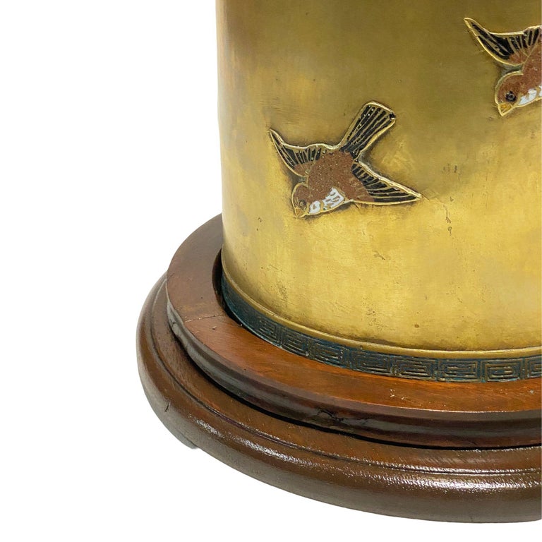 Chinese Floral Bronze Cloisonne Enamel Cylinder Vase w/ Wood Base
