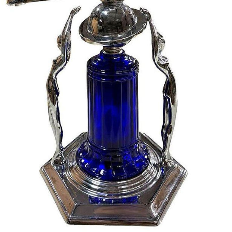 Frankart Era Art Deco Style Chrome & Cobalt Figural Lamp w/ Vivian Glass Shade
