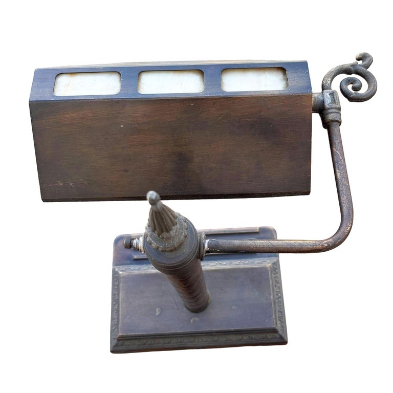 Arts & Crafts Mission Bronze Wash Brass Desk Lamp w/ Clerestory Glass Insets