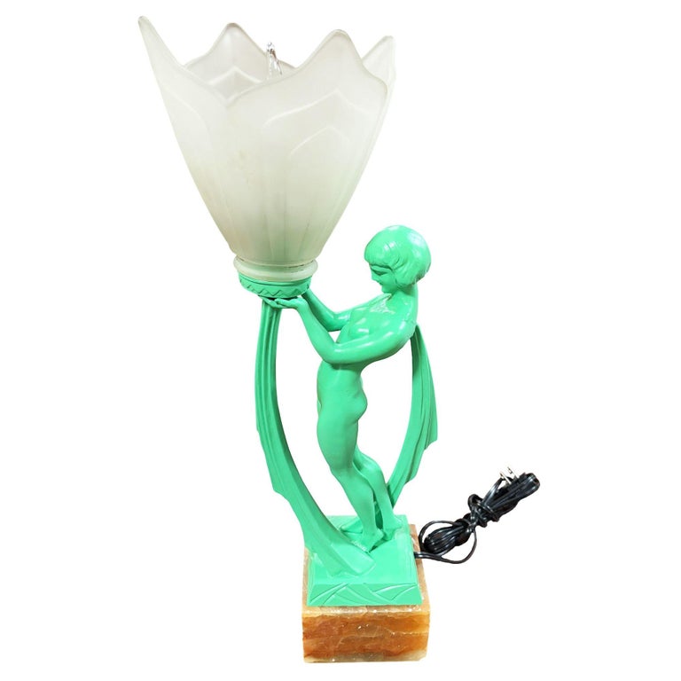French Green Spleter Metal Art Deco Style Biba Lamp on Marble by Jacques Limousi