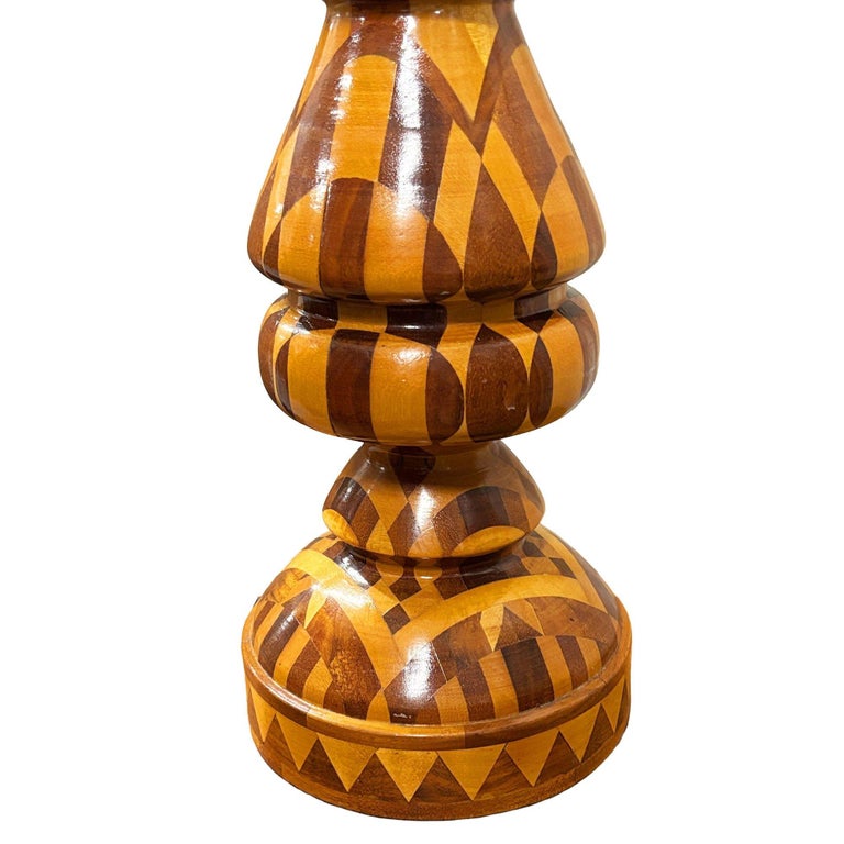 Mid-Century Hand Turned Segmented Marquetry Inlay Mosaic Table Lamp w/ Shade