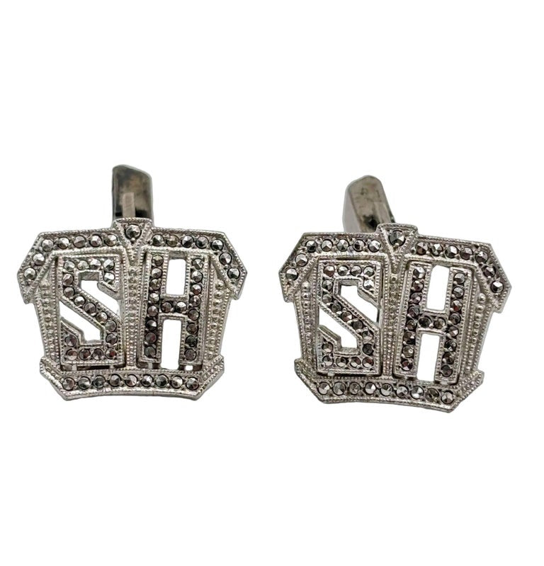 Vintage Sterling Silver Cufflinks w Mono Initials "SH" or "HS" with Faux Diam