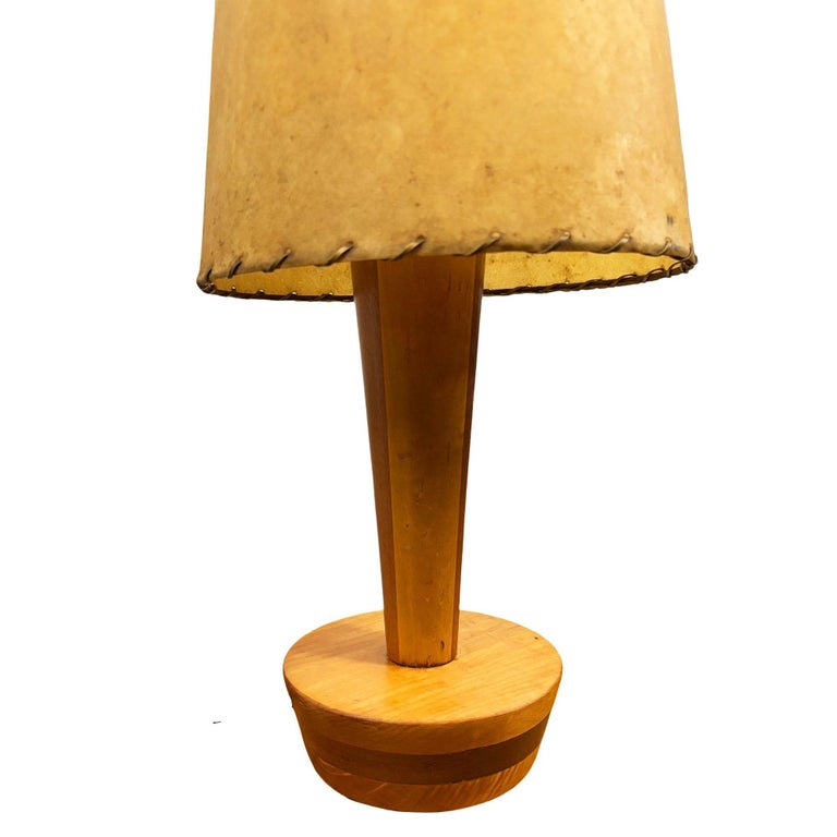 Yasha Heifetz Style Geometric Mid-century Oak Table Lamps w Whipple Stitch Shade