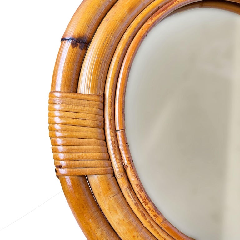 Restored Mid-century 12" Four-Strand Tropical Rattan & Wicker Round Wall Mirror