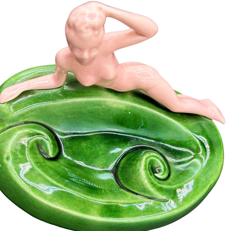 Mid-century Pink & Green Nude Lounging Female Ceramic Ashtray Ceramic Ashtray
