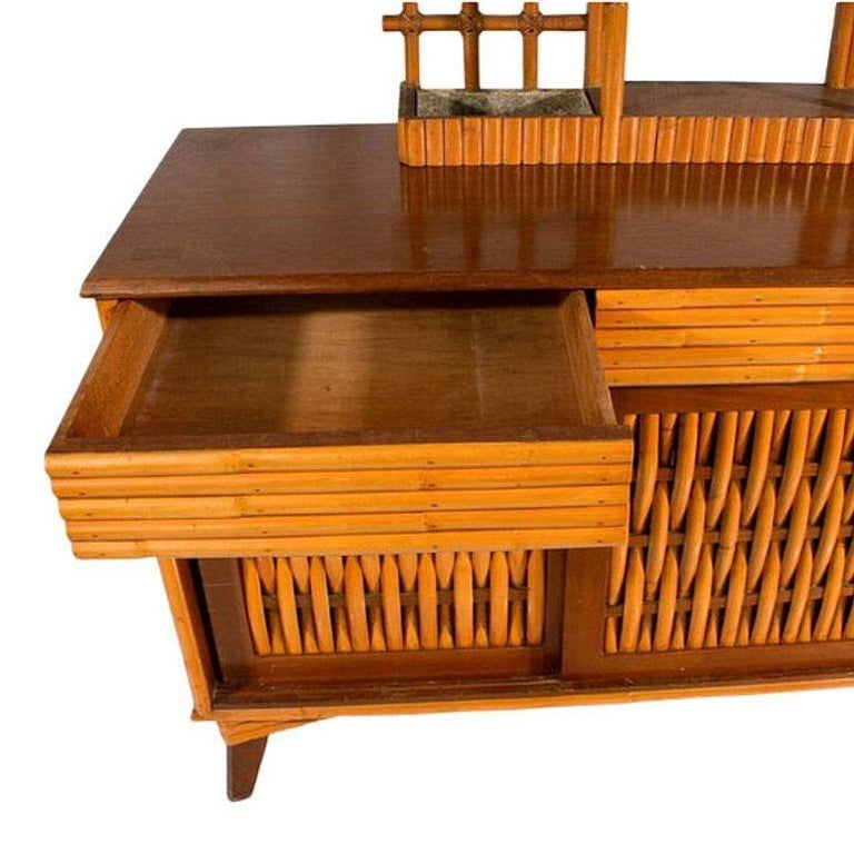 Mid-Century James Mont Inspired Rattan & Wicker Buffet Credenza