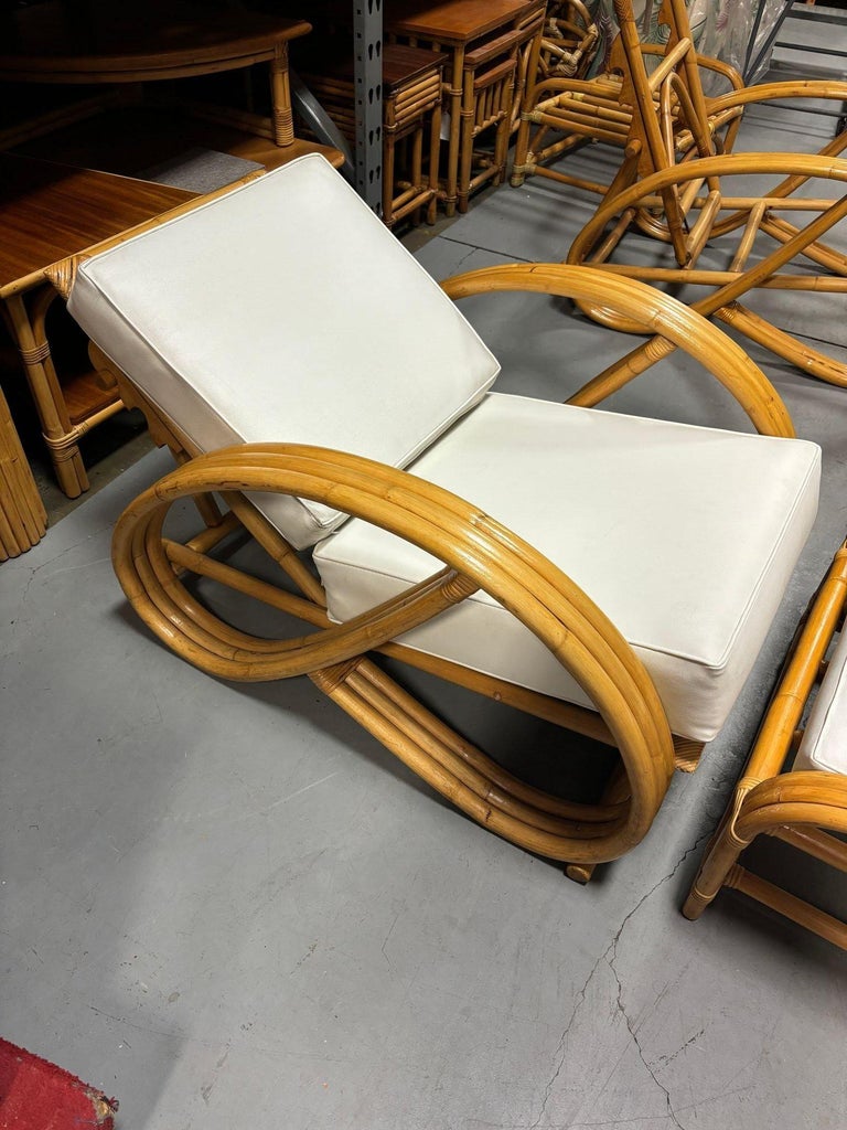 Restored 3-Strand 3/4 Pretzel Rattan Adjustable Reclining Lounge Chair w Ottoman