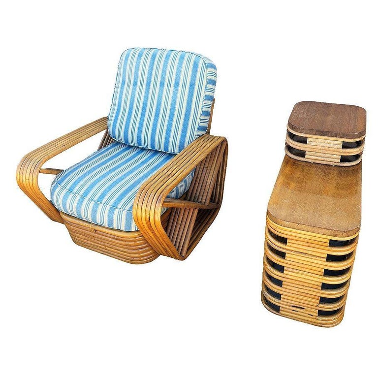 Restored MCM Rattan Six Strand Square Pretzel Table & Seating Livingroom Set