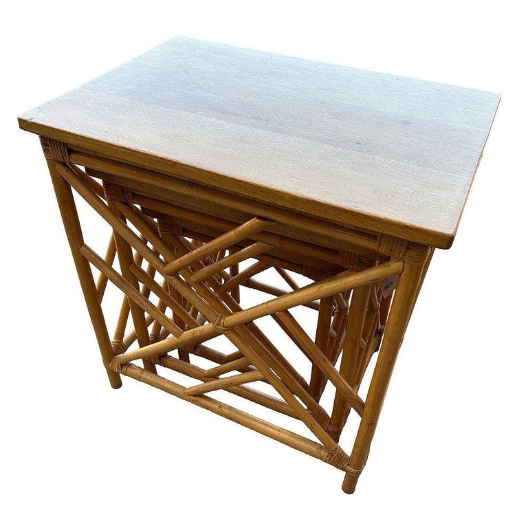 Restored Mid-Century Set of 3 Rattan Nesting Side Tables w/ Mahogany Top