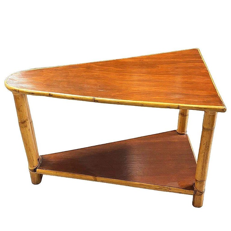 Restored Mid-century Rattan & Mahogany 2-Strand Wedge Side Table w/ Bottom Shelf