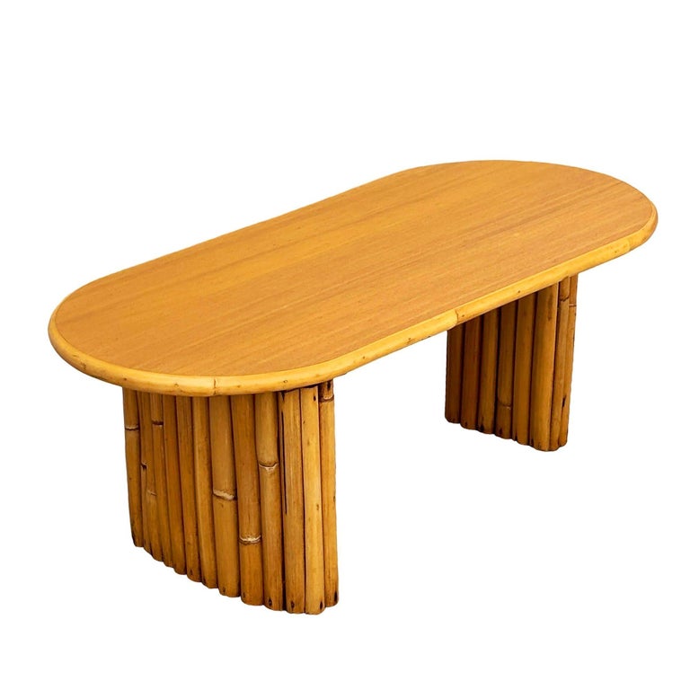 Restored Rattan & Koa Wood Oval Surfboard Coffee Table w/ Stacked Rattan Legs