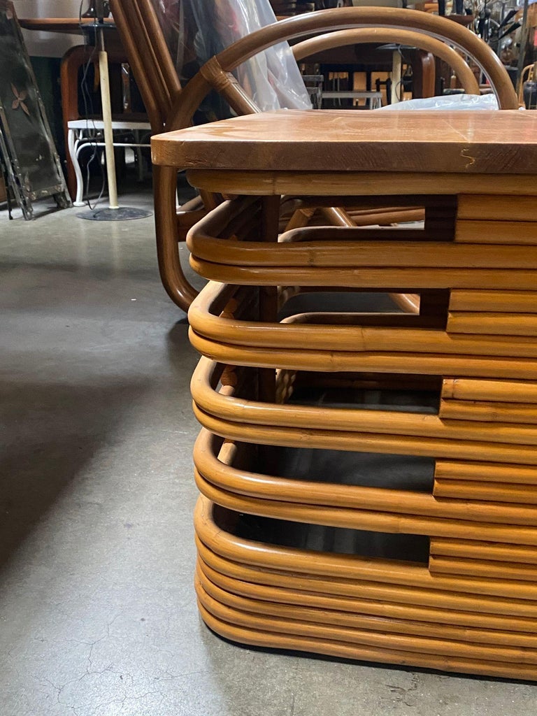 Restored Tall Stacked Rattan Coffee Table with Mahogany Top