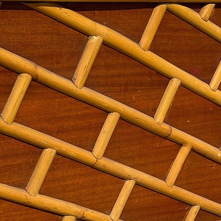 Restored Mid-century Geometric Brick Pattern Rattan & Mahogany Twin Headboad