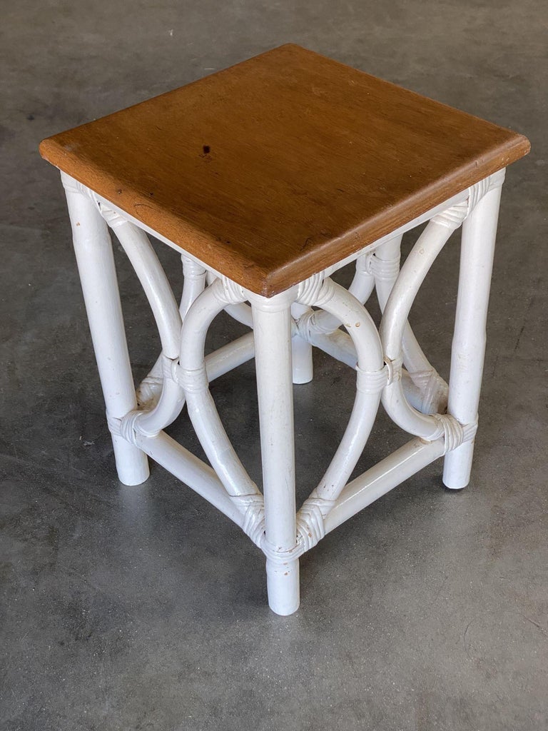 Mid-Century Set of 3 Whited Rattan Nesting Side Tables w/ Mahogany Top