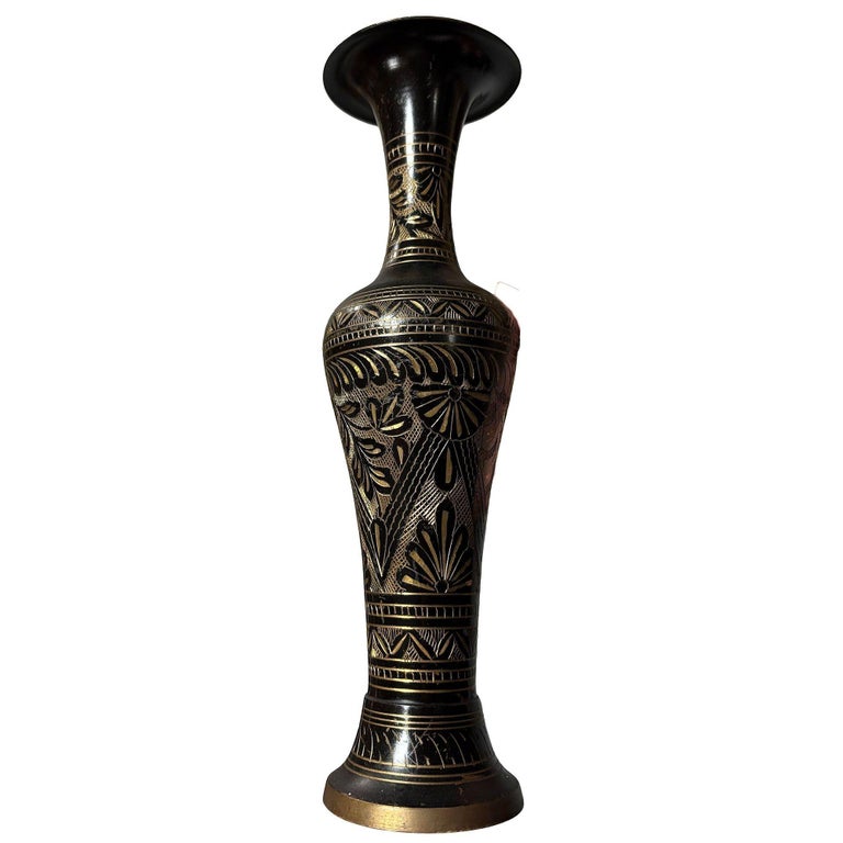 Indian Hand Etched Black Cloisonne Brass Floral Vase