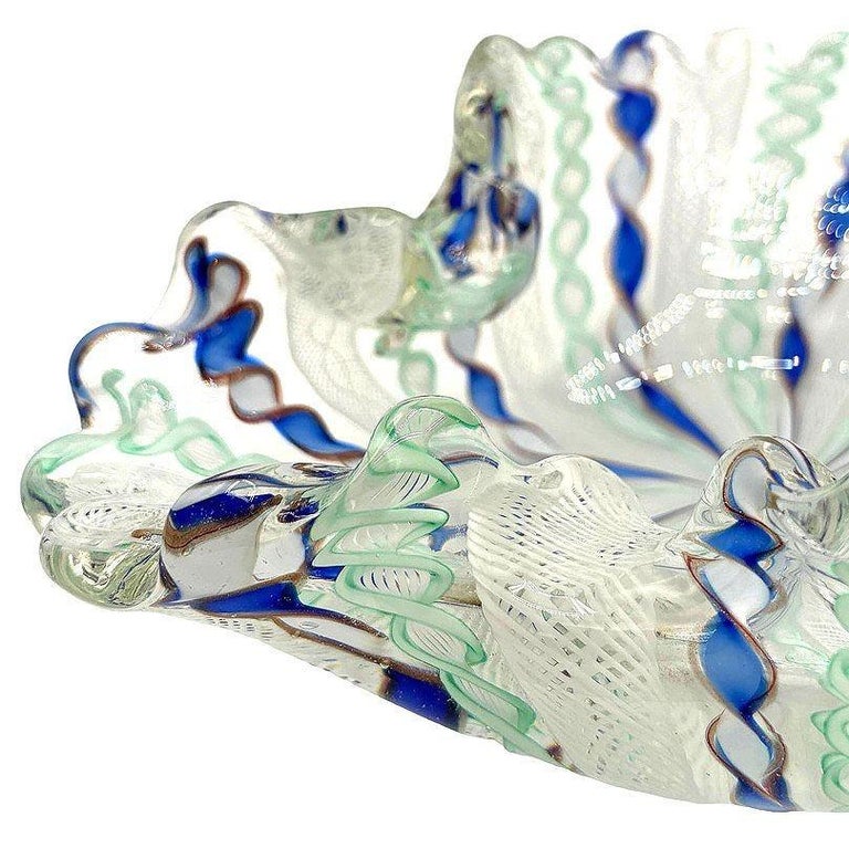 MCM Zanfircio Murano Art Glass Shell Dish Green Latticino Ribbons by Salviati