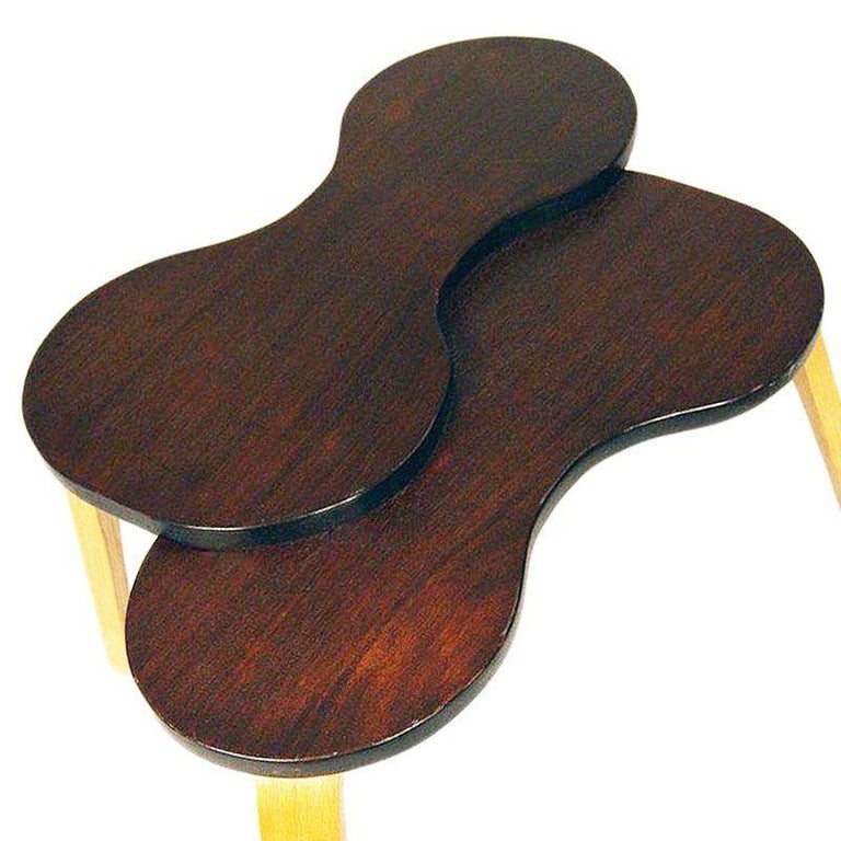 Jens Risom Style Two-tone Stepped Biomorphic Bent Plywood & Mahogany Side Table