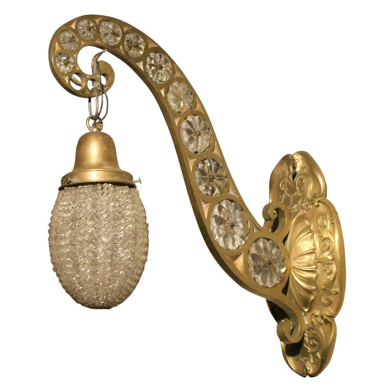 Belle Epoque Electric Scrolling Brass Crystal Sconce w Beaded Shade, 2 Available