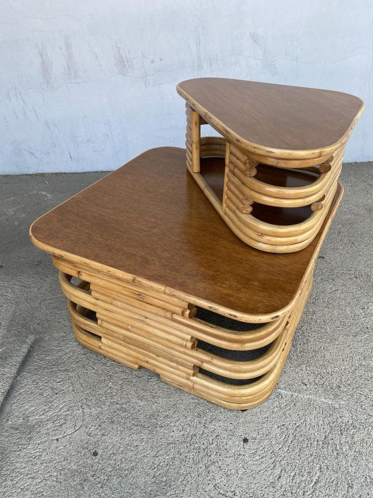 Restored Stacked Two-Tier Rattan Corner Side Table