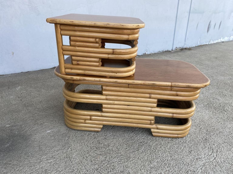 Restored Two-Tier Stacked Rattan Side Table with Mahogany Tops, Pair