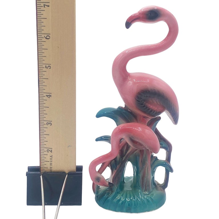 Mid-century Mother & Daughter Pink Flamingo Ceramic Tabletop Statue By Leftons