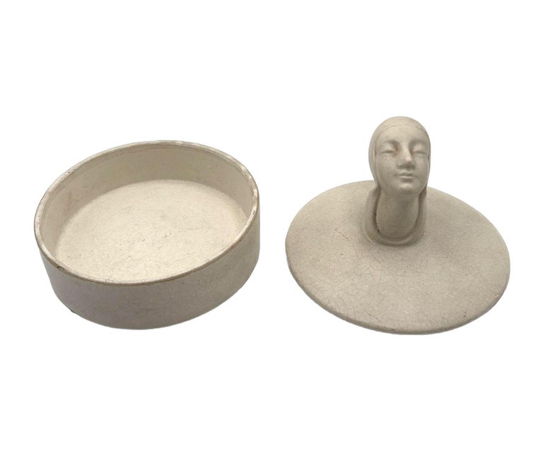 Mid-century Gray Earthenware Ceramic Vanity Powder Box w/ Female Bust Handle