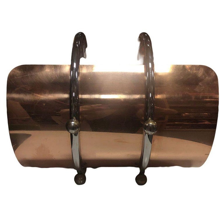 Art Deco Fireplace Log Holder Chrome and Copper by Leslie Beaton for Revere