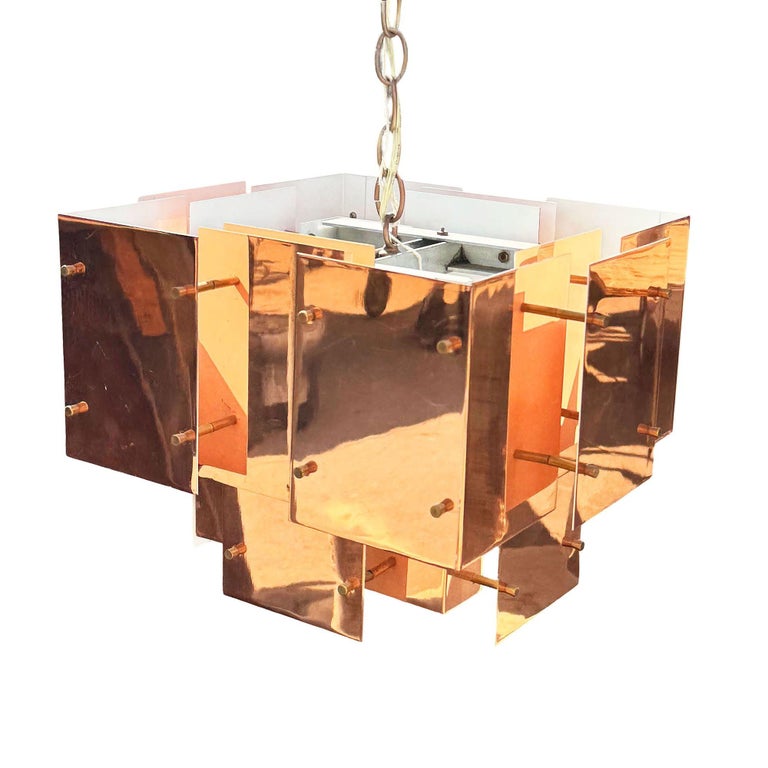 MCM Floating Panel "Cityscape" Brutalist Copper Chandelier By Robert Sonneman