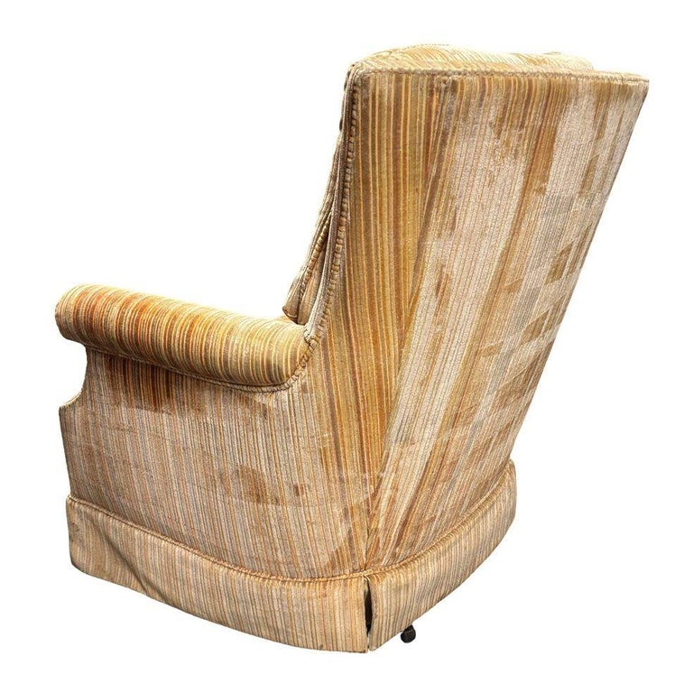 1970 Tuffted Velvet Gold Green Striped Swivel Arm Chair