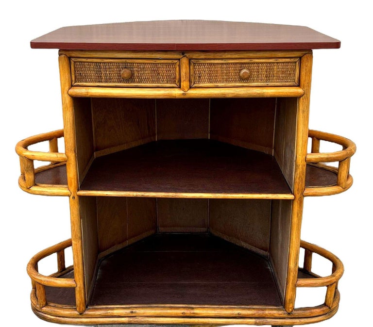 Restored Mid-century Sailboat Ships Bow Shaped Stacked Rattan Dry Bar