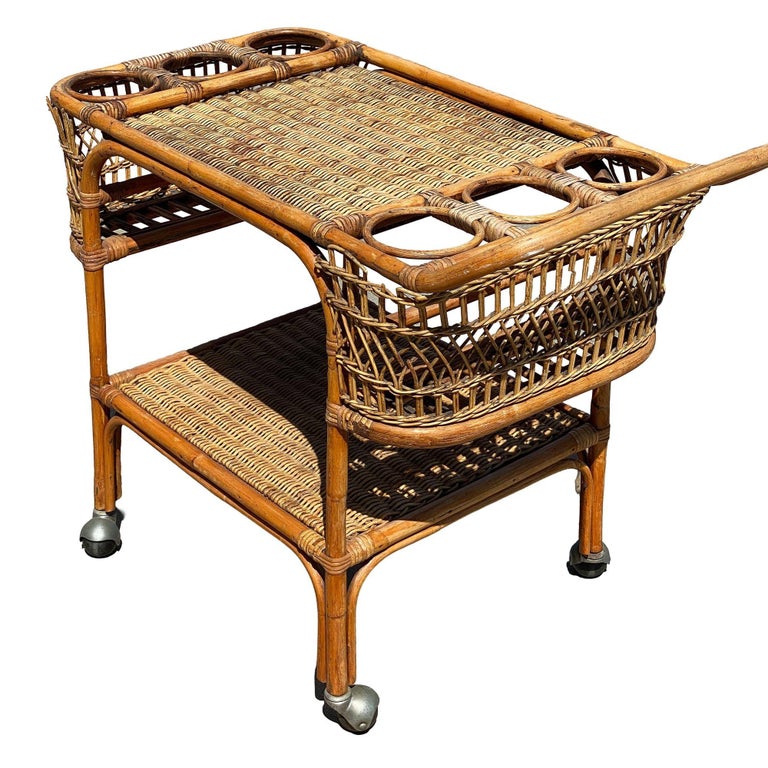 Restored Art Deco Stick Rattan Two-Tier Bar Cart w/ Woven WickerTops