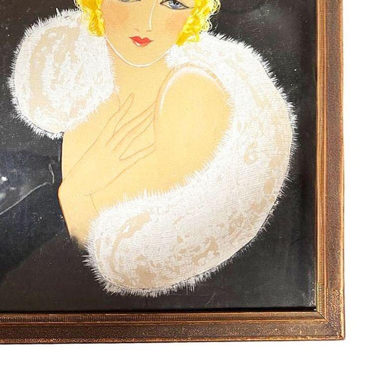 1920 Female Glamour Flapper Portrait Pastel on Black Paper, Framed