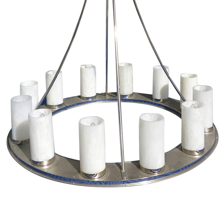 Large Modernist Twelve-Light Nickel Finished Chandelier