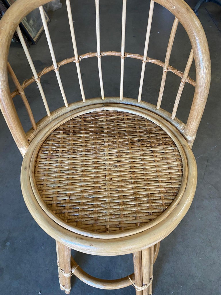 Restored 3-Strand Rattan Bar Stool w/ Stick Reed Rattan Back