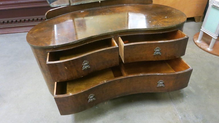 Edwardian Dark Stained Burlwood Vanity w/ Trifold Mirror, Circa 1910