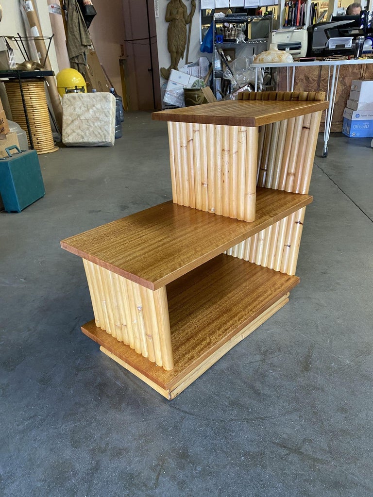 Restored Mid-Century Vertically Stacked Geometric Rattan Side Table, Mahogany