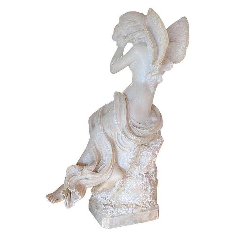 Late Victorian French Hand Carved Nude Psyche Goddess Marble Statue, signed