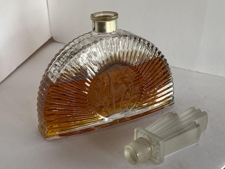 Art Deco Stepped Art Glass Perfume Bottle W/ Deer Motif